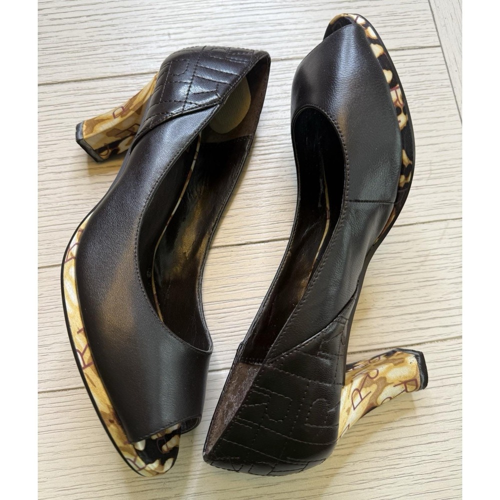 Brown Leather Peep Toe 3" Pumps Tortoise Patterned Heel & Platform. Boho Glam 8M